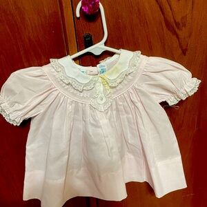 Nb smock dress witn heirloom details untreated stain